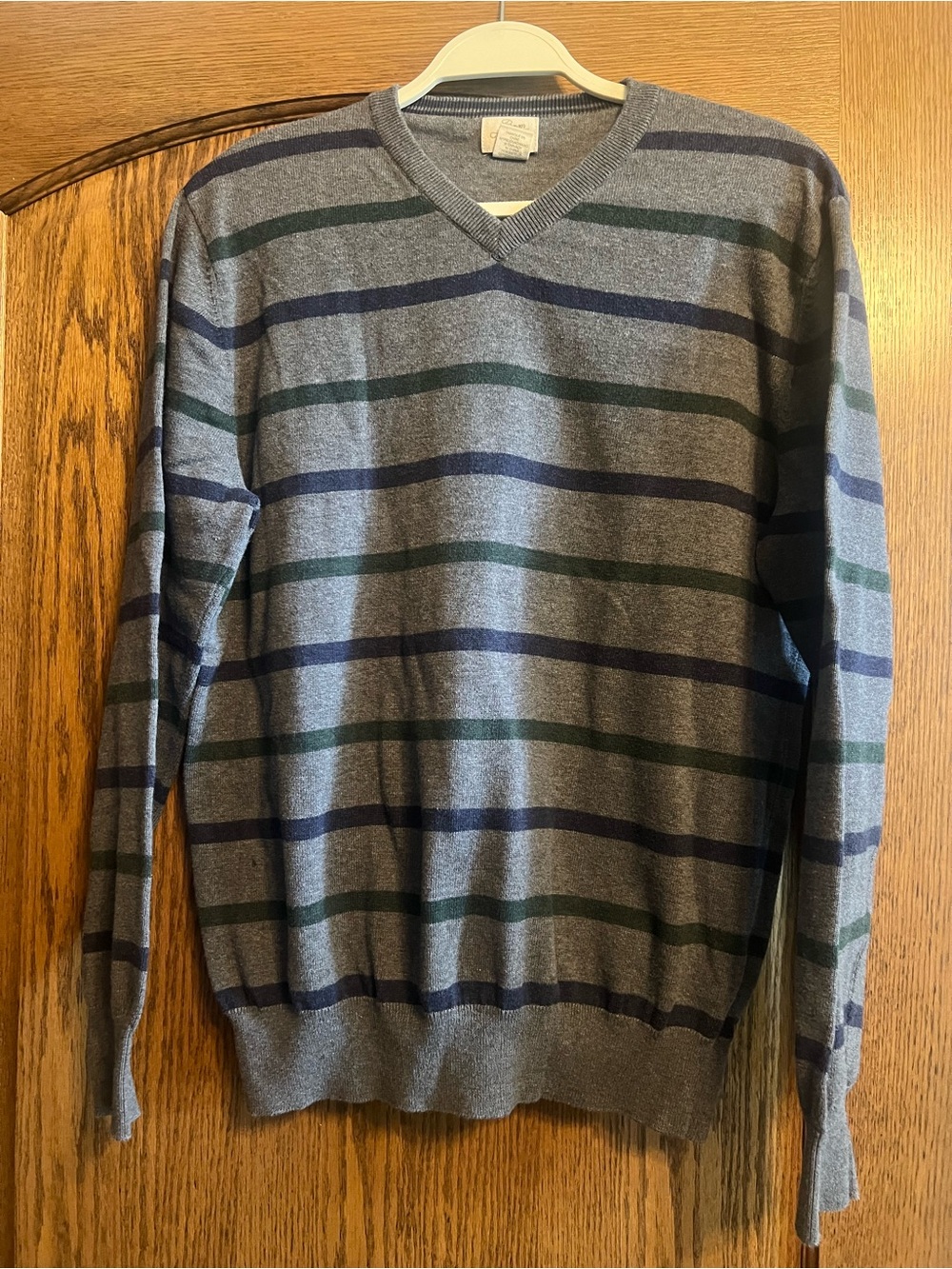 Classic V-Neck Stripe Sweater - Gray with Navy & Green
